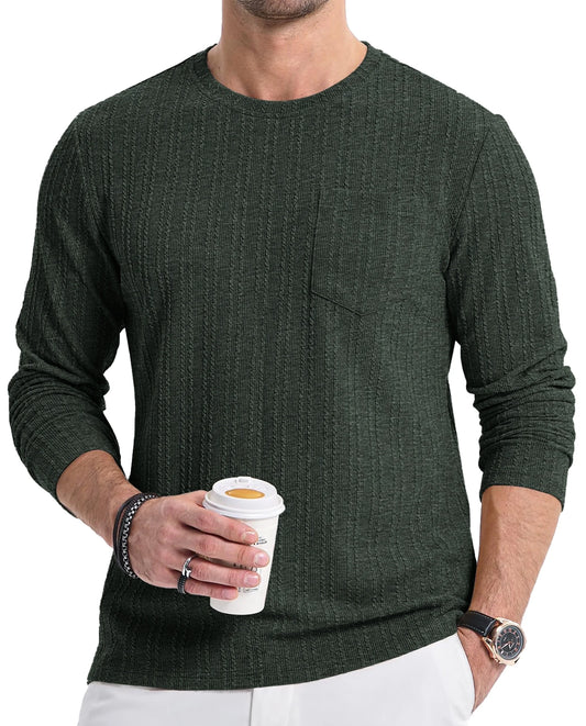 Mens Long Sleeve Shirts Crewneck Casual Tops Pullover Work Shirts Stretch Textured Knit T-Shirts with Pocket