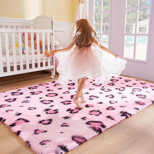 Soft Rugs for Girls Kids Bedroom 3X5, Fluffy Leopard Cheetah Print Rugs for Living Room Dorm Nursery Home Decor, Pink