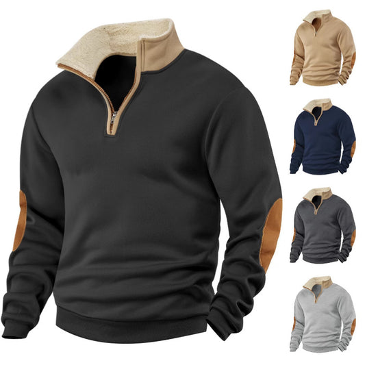 Retro Patchwork Half Cardigan Men's Long-sleeved Sweater