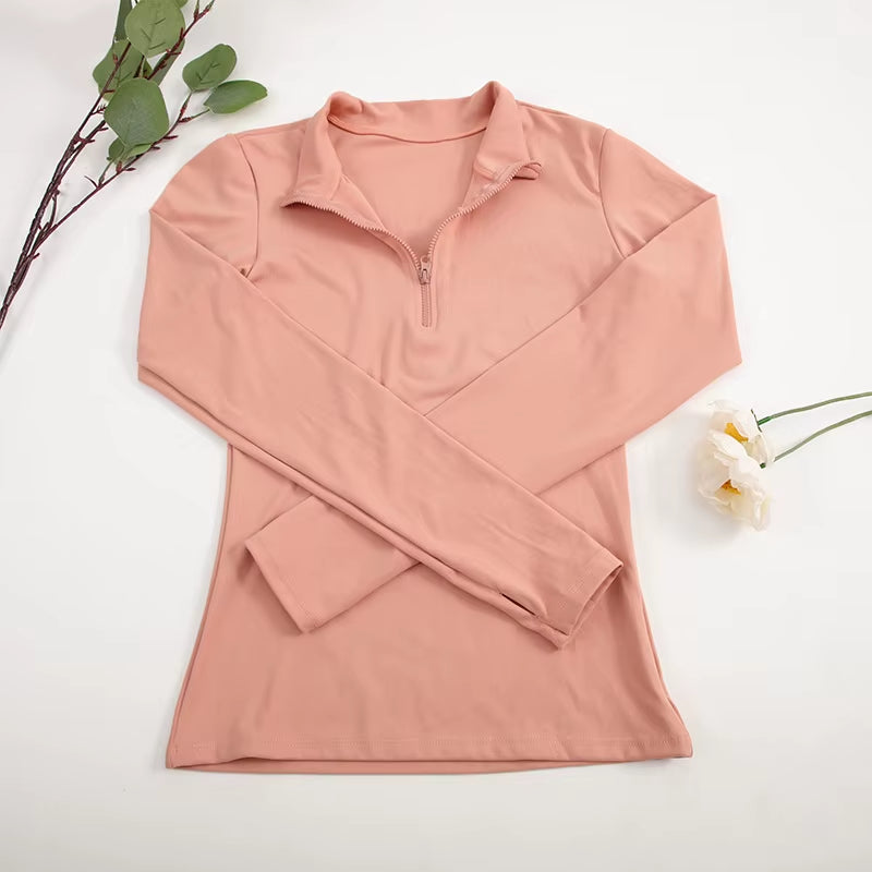CHRLEISURE Long Sleeve Yoga Shirts Half-Zip Sports Top with Thumbholes Elastic Breathable Fitness Blouse for Women Activewear