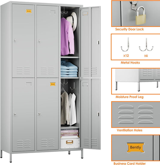 6 Doors Employee Locker With 18 Hooks,Industries Double Tier Metal Locker For School Office Gym Home Employees Staff Sundries Room