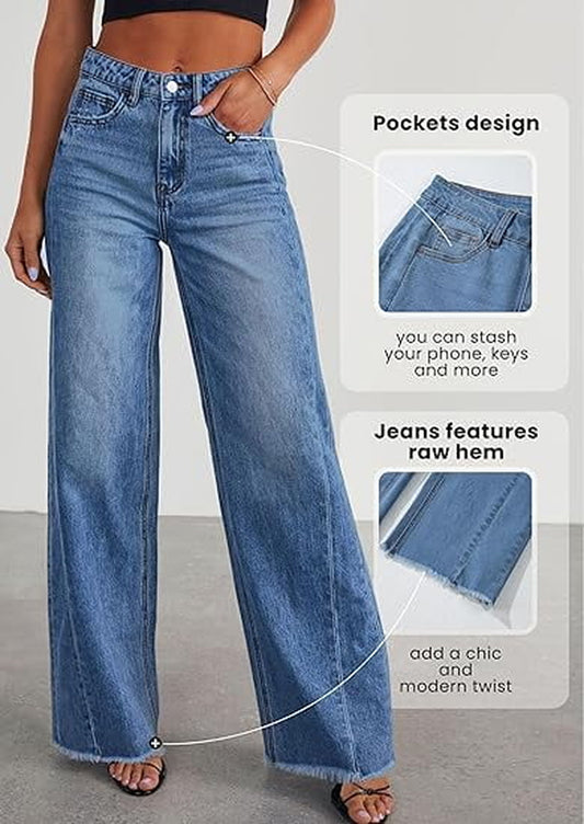 Wide Leg Jeans for Women Trendy High Waisted Stretchy Baggy Raw Hem Denim Palazzo Pants with Pockets