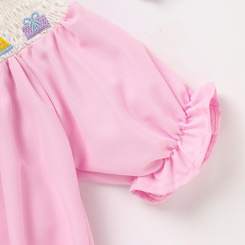 Infant Girls' Cute Birthday Smocked Bubble Romper Short Sleeves Crew Neck Cartoon Embroidery Princess Party Romper Bodysuit