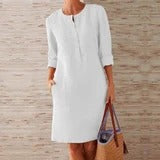 Plus Size Women's Cotton And Linen Round Neck Long Sleeve Dress
