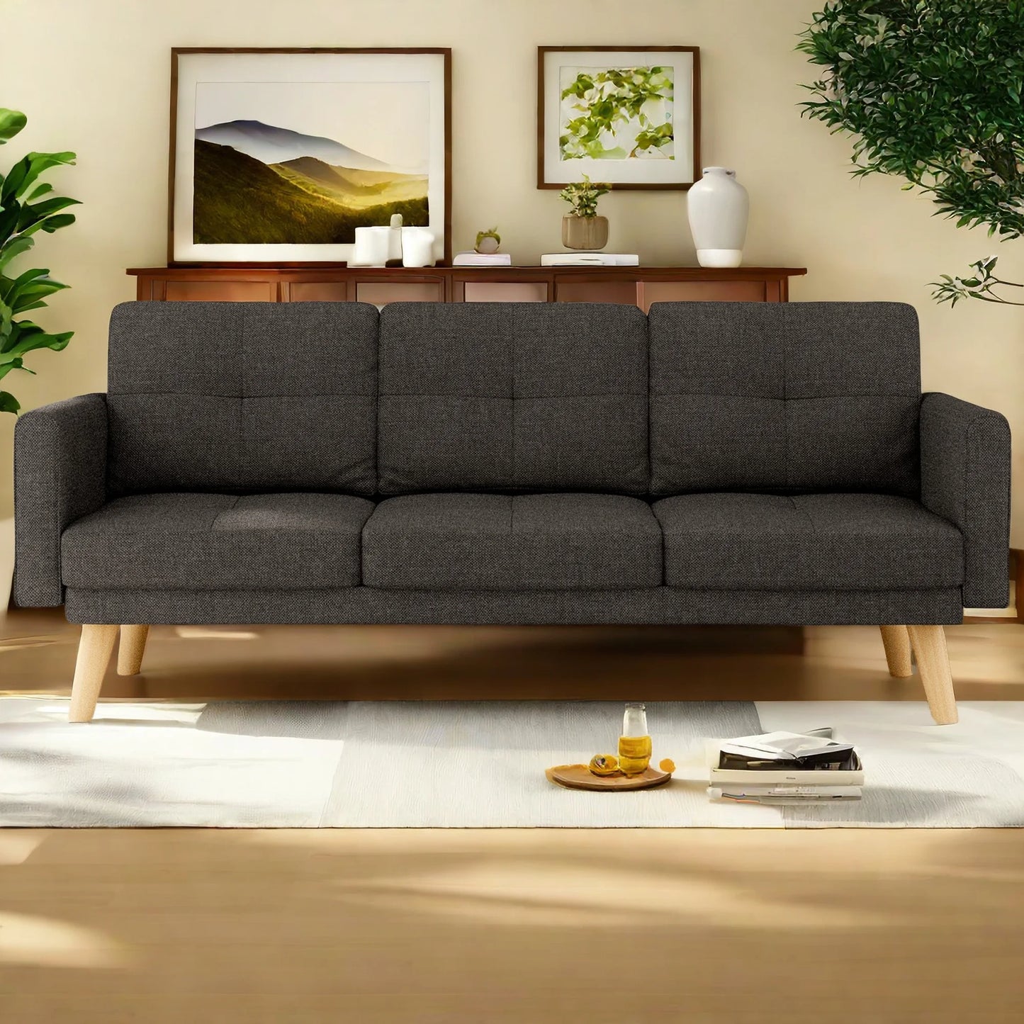 68" and Couch with Side Storage Pocket and 4" Thick Cushions for Living Room, Dark Gray Modern Home Furniture