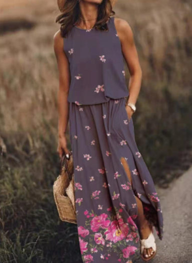 Women Summer Dresses Fashion Side Slit Long Dress With Pockets Vestidos Solid Casual O-Neck Sleeveless A-Line Sundress For Holiday