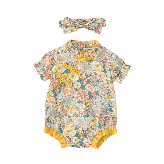 Infant Cheongsam Short-sleeved Jumpsuit Summer Dress New Baby Girl Ethnic Style Floral