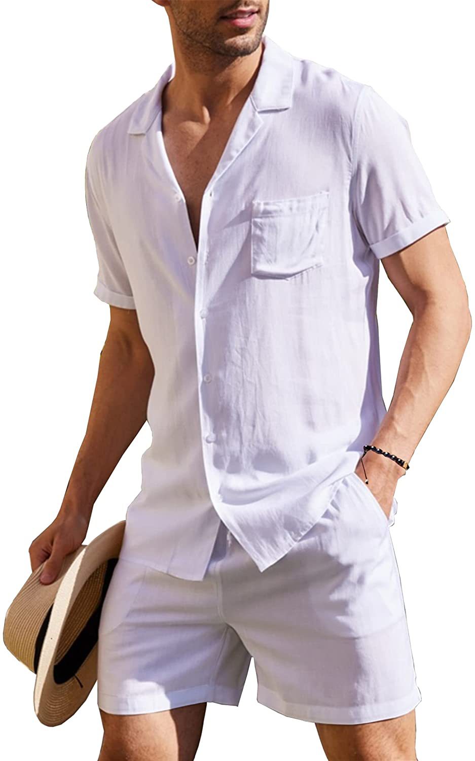Men's Short Sleeve Shirt Suit Summer Lapel Button Top With Pocket And Drawstring Shorts Fashion Beach Suits