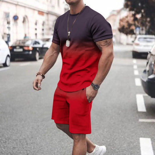 Mens Summer 2 Piece Tracksuit Gradient Color Crew Neck Pull-On Tee Tops and Double Pockets Plain Shorts Vacation Workout Shirts Sets