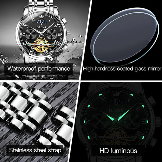 Automatic Watches for Mens Skeleton Mechanical Self Winding Luxury Dress Mens Stainless Steel Watches Moon Phase Waterproof Luminous Reloj Para Hombre, Gifts for Men, Male 6617D