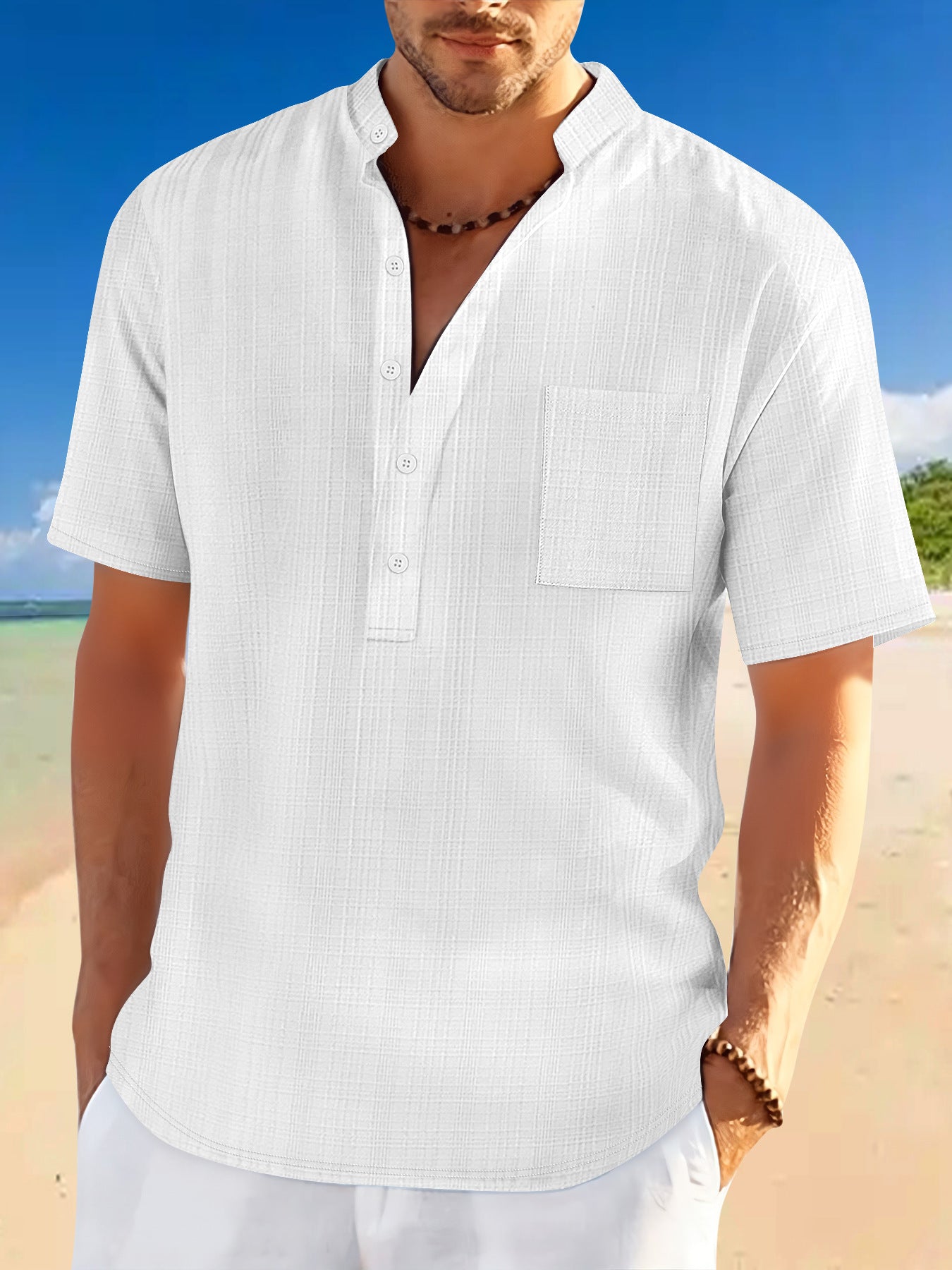 Stand Collar Short Sleeve Loose Leisure Vacation Henley Shirt