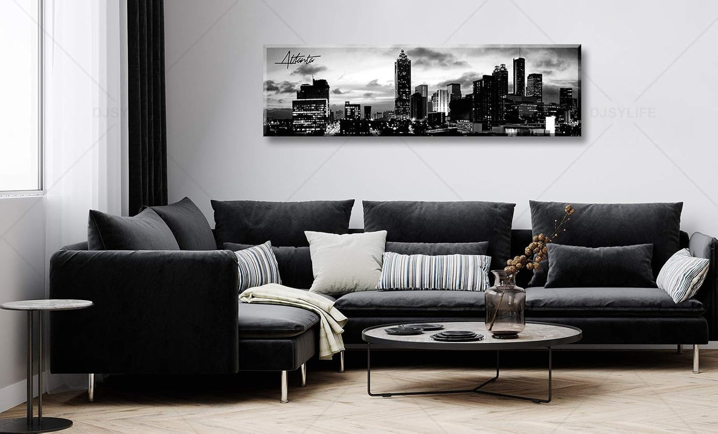 Atlanta Skyline Wall Art Cityscape Picture Decor Black and White Canvas Print Painting Artwork City Building Panoramic Night View Modern Decoration Office Study Bedroom Home Decorations 13.8"X47.3"