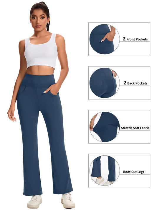 Women Flare Yoga Pants Workout Leggings Bootcut Bottoms with Pockets High Waist Activewear Navy Blue M