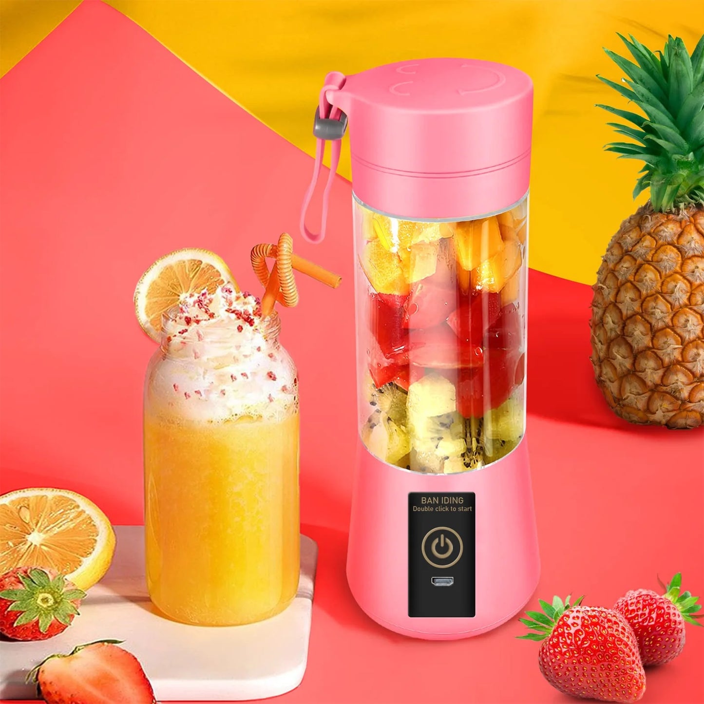 Portable Blender USB Rechargeable Personal Juicer Cup Small Fruit Juice Mixer for Shakes and Smoothies 350ML Capacity- Pink