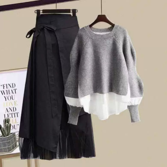 Women's Fashion Wear Loose Western Style Lazy Style Sweatshirt Slimming Skirt Two-piece Set