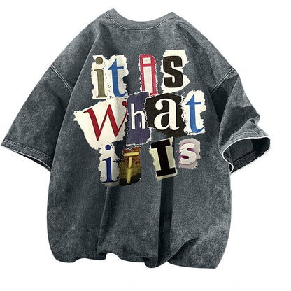 Mens Letter-Print Vintage Oversized T-Shirt
