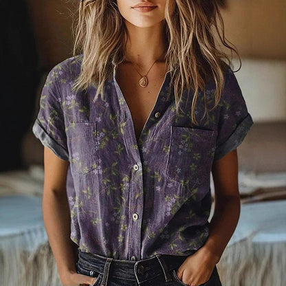 Plant-print Short-sleeve V-neck Shirt