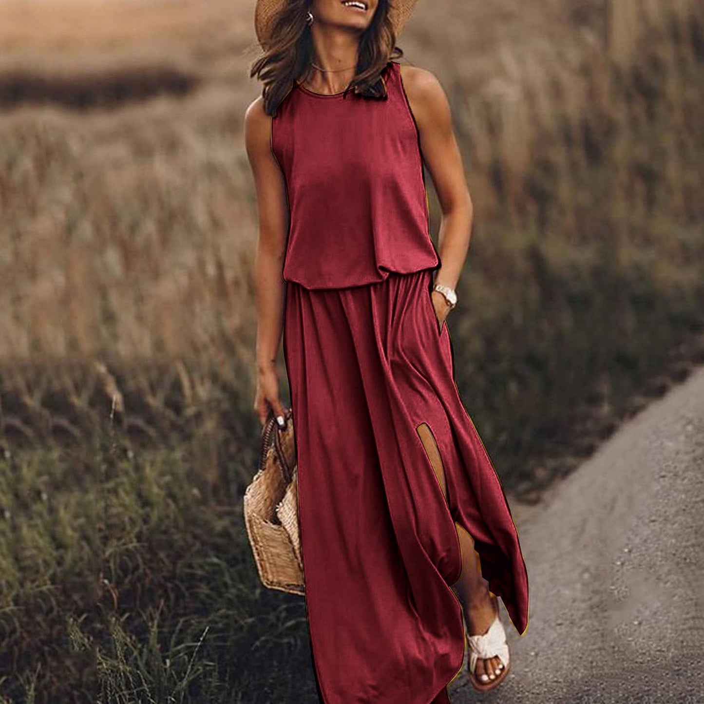 Women Summer Dresses Fashion Side Slit Long Dress With Pockets Vestidos Solid Casual O-Neck Sleeveless A-Line Sundress For Holiday