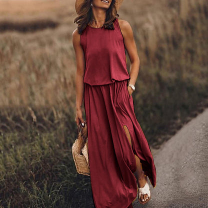 Women Summer Dresses Fashion Side Slit Long Dress With Pockets Vestidos Solid Casual O-Neck Sleeveless A-Line Sundress For Holiday