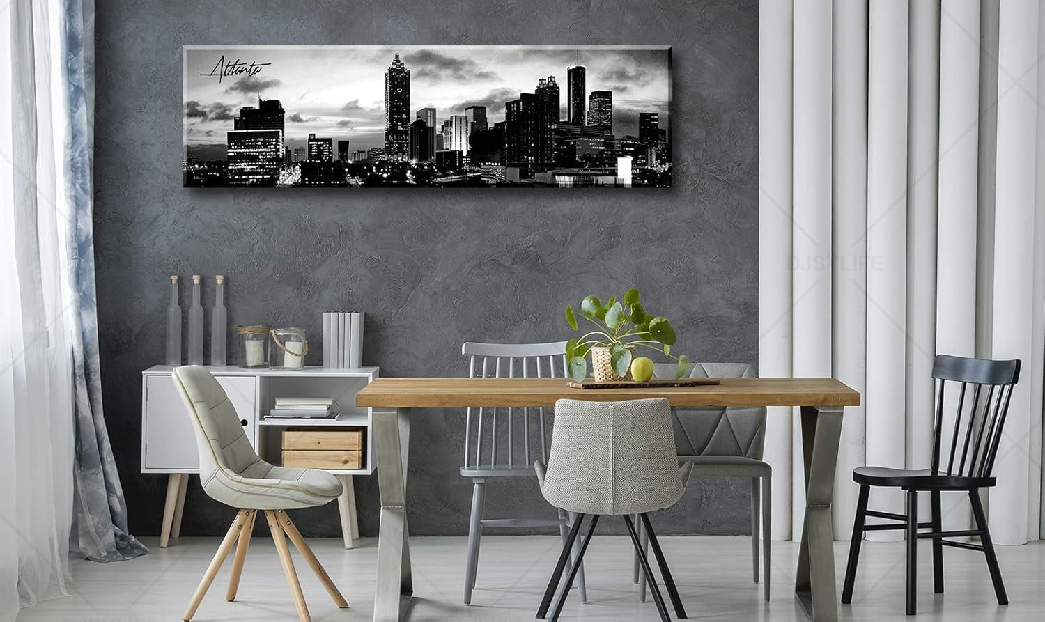 Atlanta Skyline Wall Art Cityscape Picture Decor Black and White Canvas Print Painting Artwork City Building Panoramic Night View Modern Decoration Office Study Bedroom Home Decorations 13.8"X47.3"