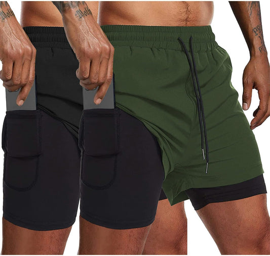 Men'S 2 Pack Running Shorts 2 in 1 Workout Shorts Quick Dry Gym Training Athletic Jogger with Phone Pockets