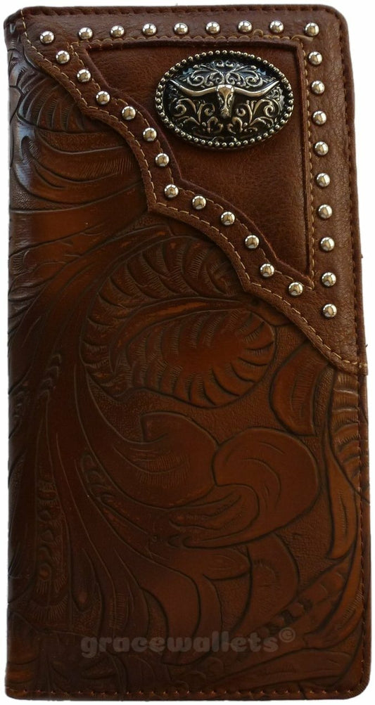 Longhorn Mens Wallet Western Bifold Checkbook Style W030-14 Ostrich Brwon