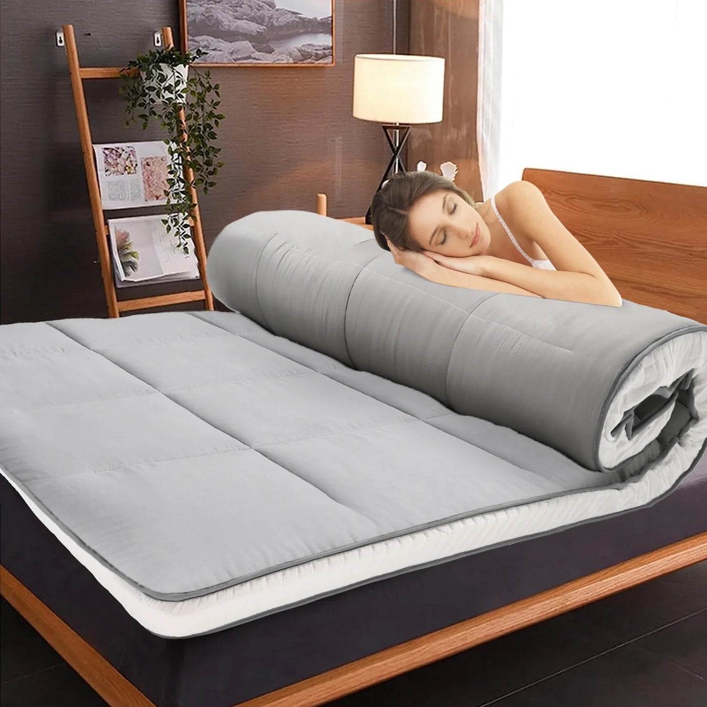 Gray Floor Mattress with Storage Bag Japanese Futon Mattress Extra Thick Folding Sleeping Pad Futon Mattress Portable Camping Mattress, Twin