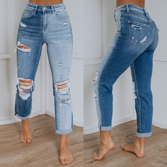 Womens Washed Gradient-Dye Ripped Jeans Fashion-Forward Style