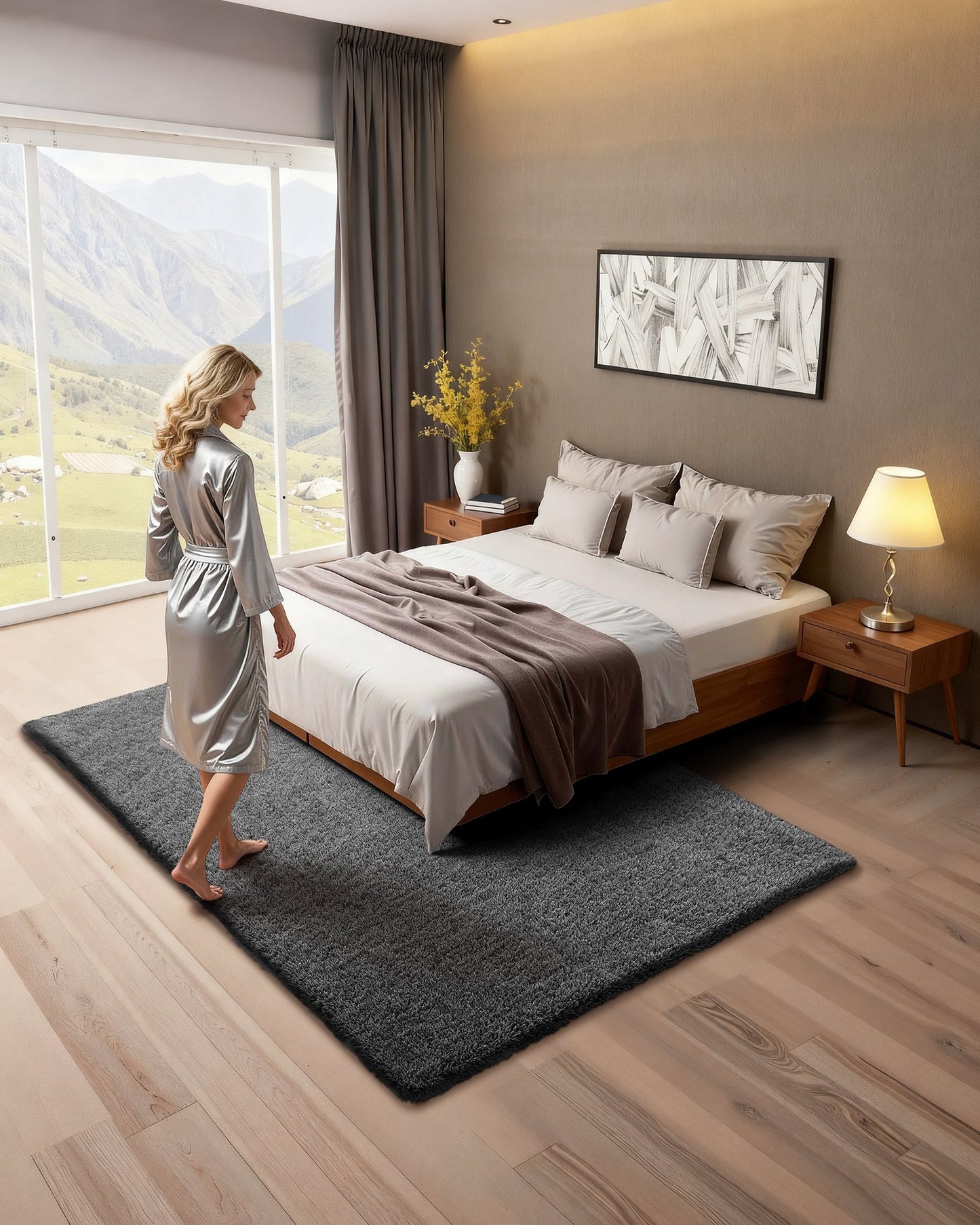 Indoor Plush Area Rugs, 5 X 8 Ft Soft Plush Carpet, Furry Shag Area Rugs For Living Room, Bedroom, Sunroom, Modern Home Decor Aesthetic, Non-Shedding, Non-Woven, Slip-Resistant, Dark Gray