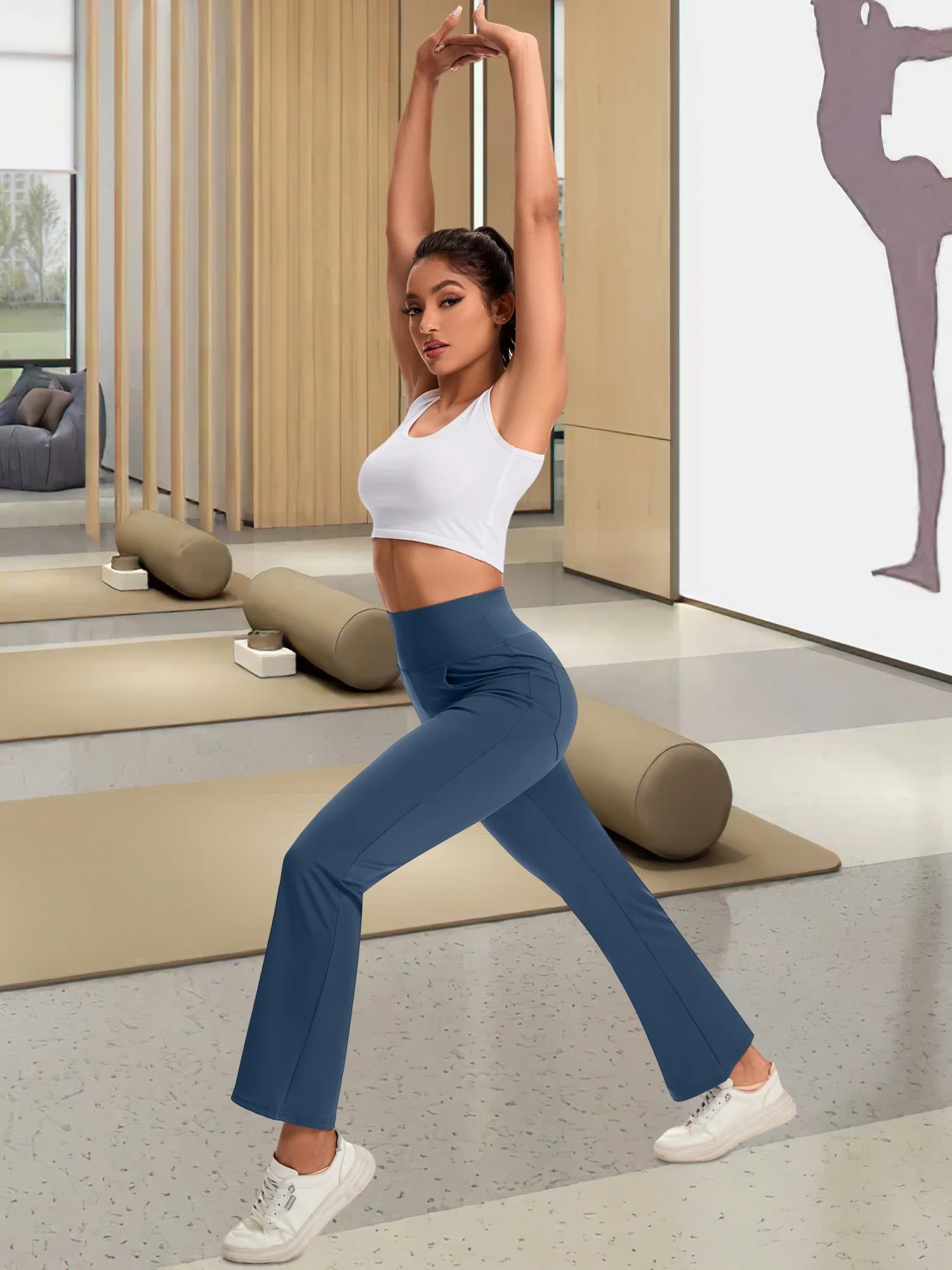 Women Flare Yoga Pants Workout Leggings Bootcut Bottoms with Pockets High Waist Activewear Navy Blue M