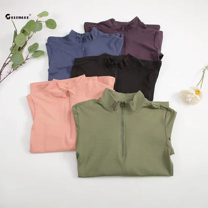 CHRLEISURE Long Sleeve Yoga Shirts Half-Zip Sports Top with Thumbholes Elastic Breathable Fitness Blouse for Women Activewear