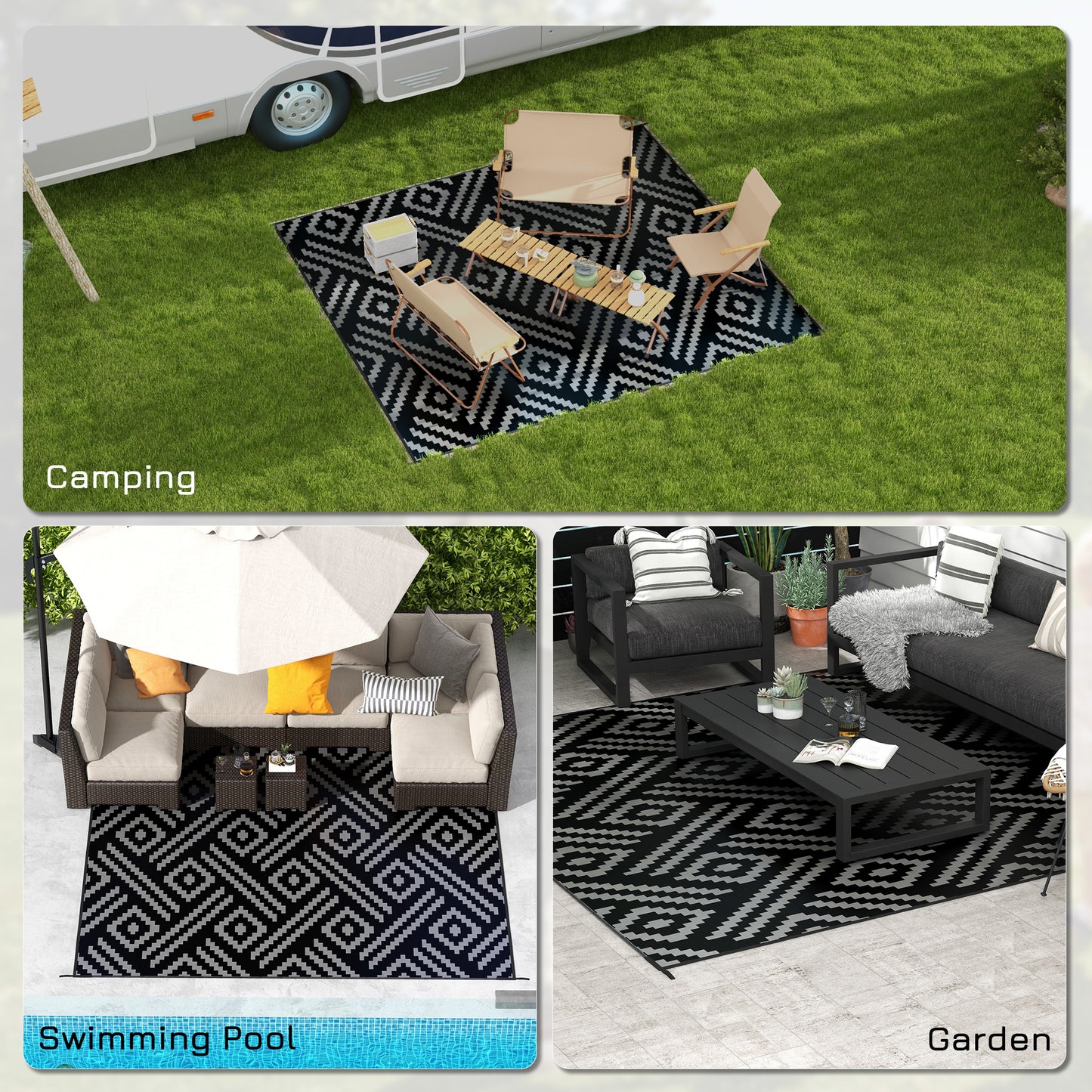 Reversible Outdoor Rug Carpet RV Camping Rugs with Carry Bag, 8' x 10', Black & Gray Geometric