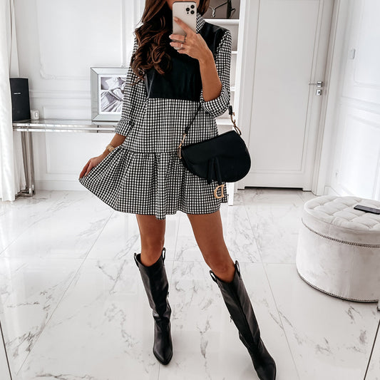 Shirt Collar Pu Leather Matching Long-Sleeve Dress