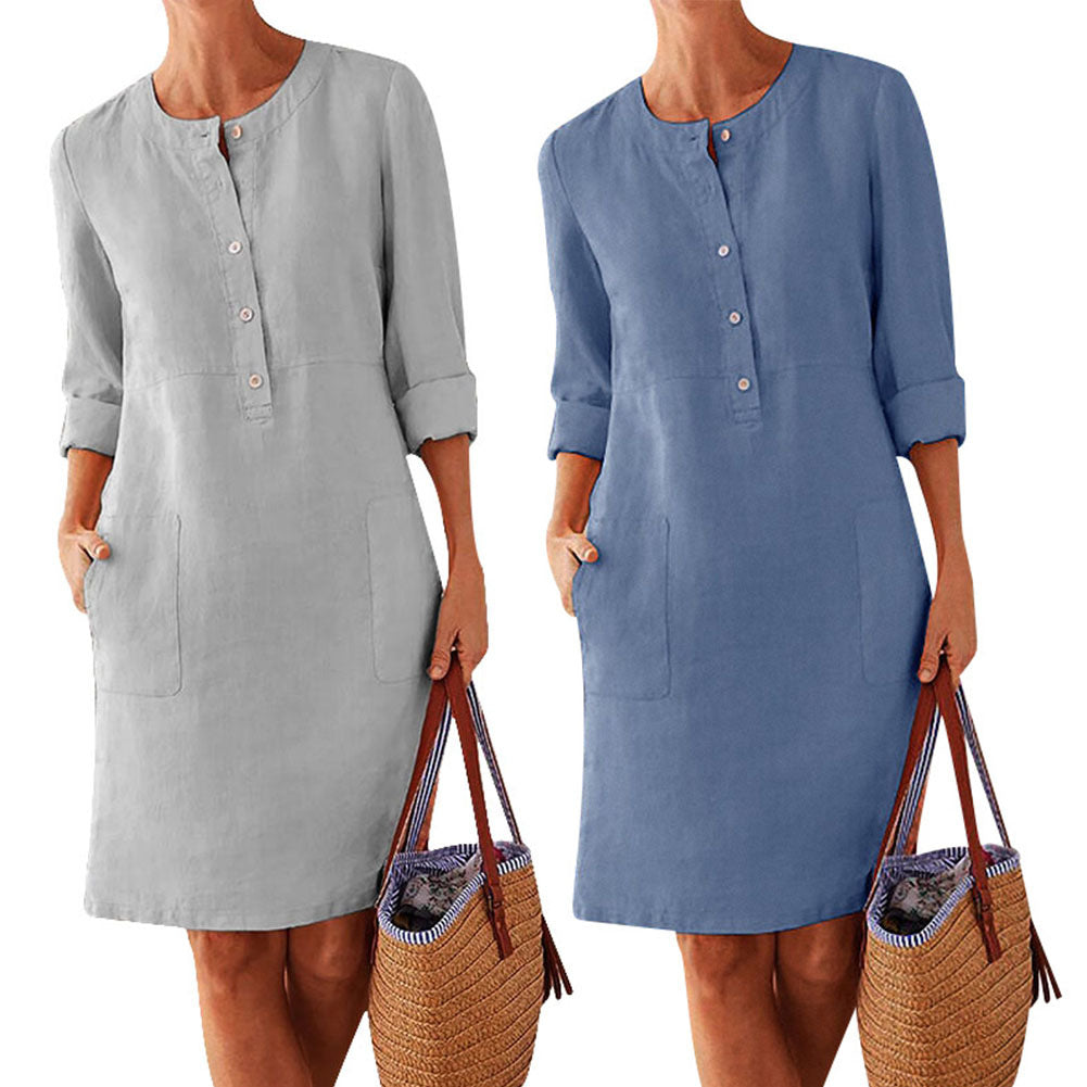 Plus Size Women's Cotton And Linen Round Neck Long Sleeve Dress