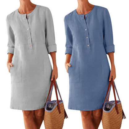 Plus Size Women's Cotton And Linen Round Neck Long Sleeve Dress