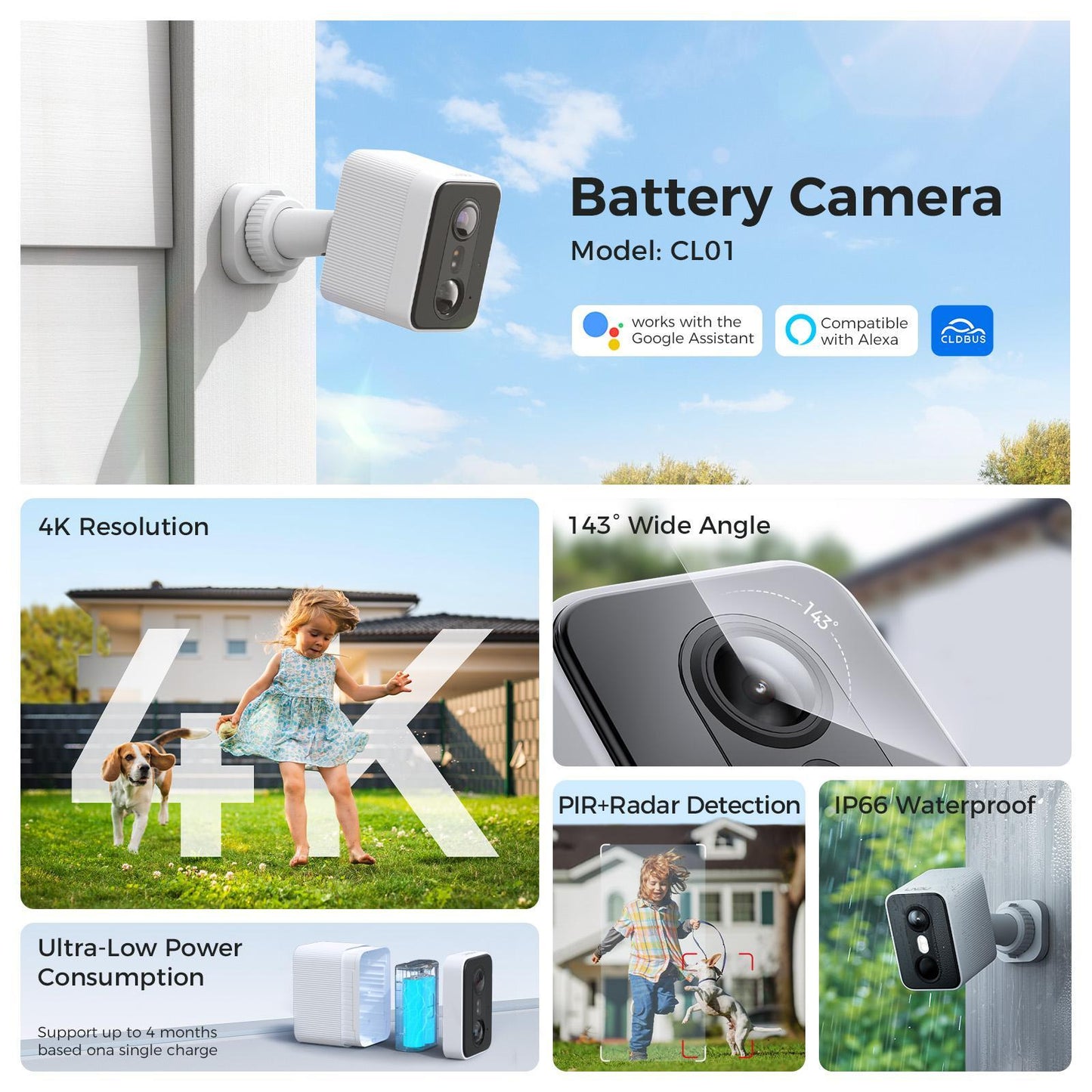 LNDU CL01 4K Wireless Security Camera 143 Degree Wide Angle Infrared Night Vision Human Body Sensing  Dual Identification Detection