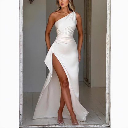 Women's Shoulder Slit Satin Dress Sleeveless