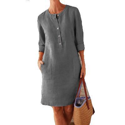 Plus Size Women's Cotton And Linen Round Neck Long Sleeve Dress