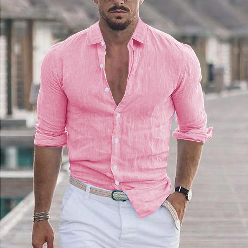 Men's Cotton And Linen Lapel Long Sleeve Solid Color Shirt