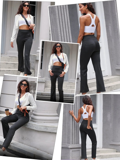 Womens Bootcut Yoga Pants with Pockets Flare Workout Legging High Waist Lightweight Bottoms Activewear Dark Red M