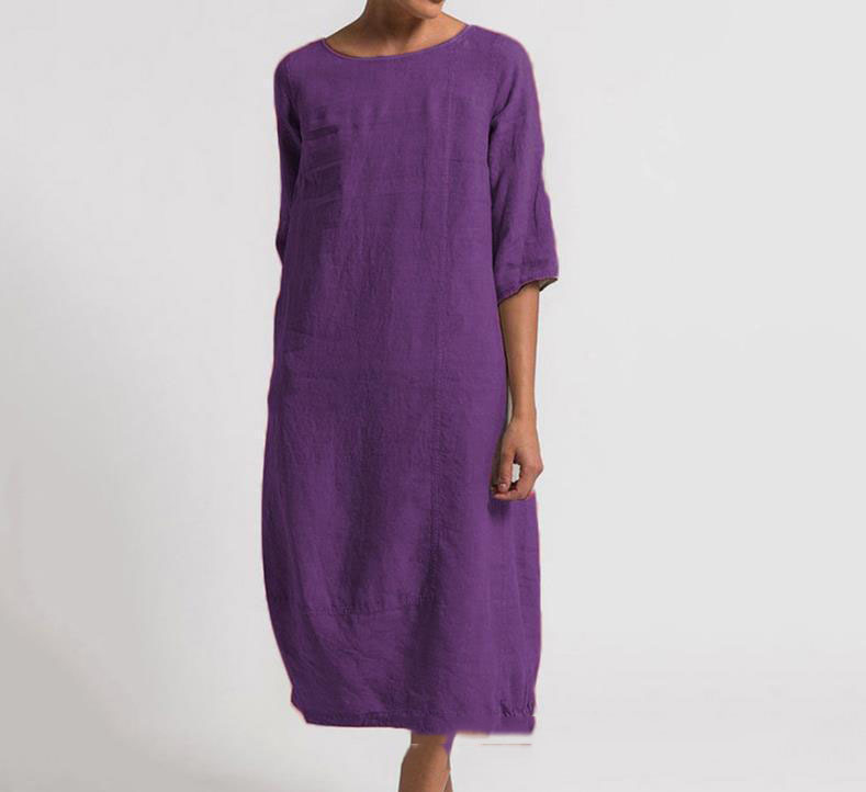 Plus Size Women's Cotton And Linen Round Neck Long Sleeve Dress