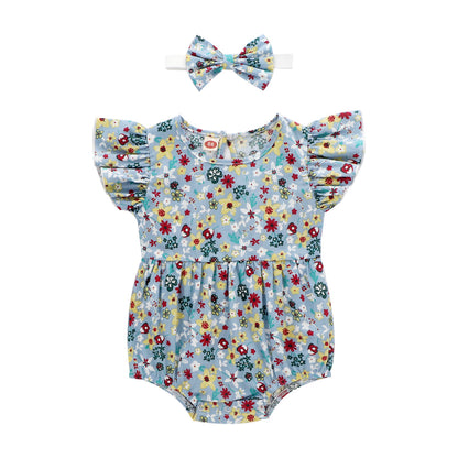 Newborn 0-3 Years Old Floral Flying Sleeve Sleeveless Triangle Crawl Baby Fart Clothes Triangle Crawl