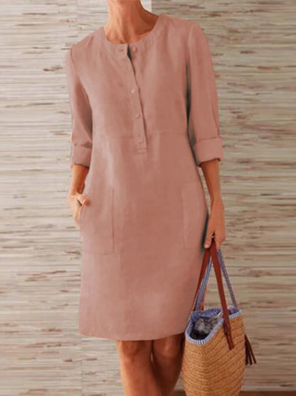 Plus Size Women's Cotton And Linen Round Neck Long Sleeve Dress