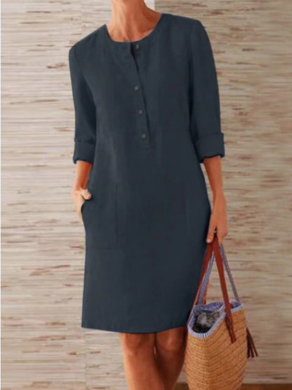 Plus Size Women's Cotton And Linen Round Neck Long Sleeve Dress