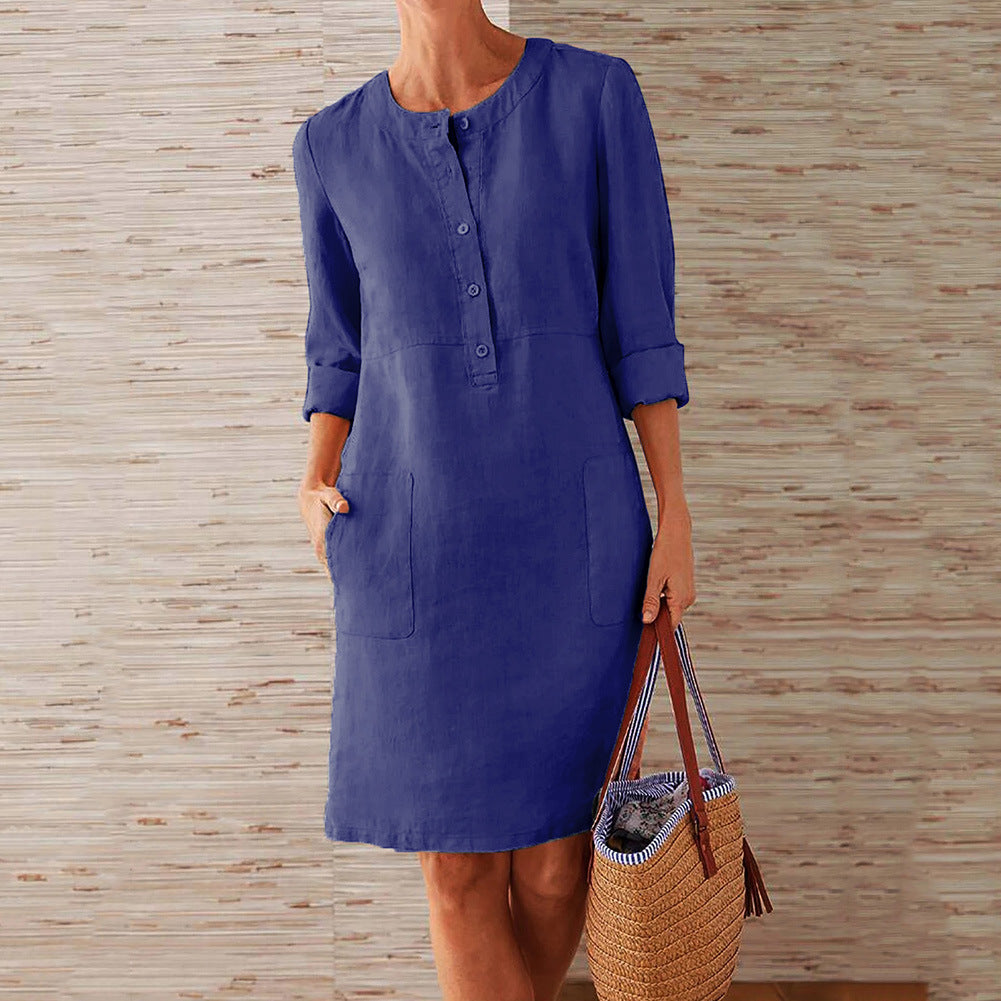 Plus Size Women's Cotton And Linen Round Neck Long Sleeve Dress