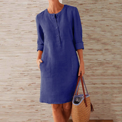 Plus Size Women's Cotton And Linen Round Neck Long Sleeve Dress