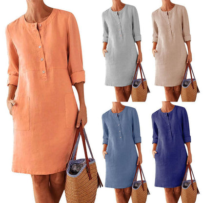 Plus Size Women's Cotton And Linen Round Neck Long Sleeve Dress