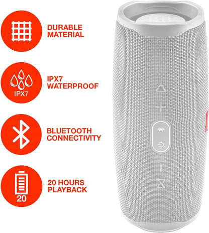Charge 4 Portable Waterproof Wireless Bluetooth Speaker Bundle with Boomph Portable Hard Carrying Protective Case - White