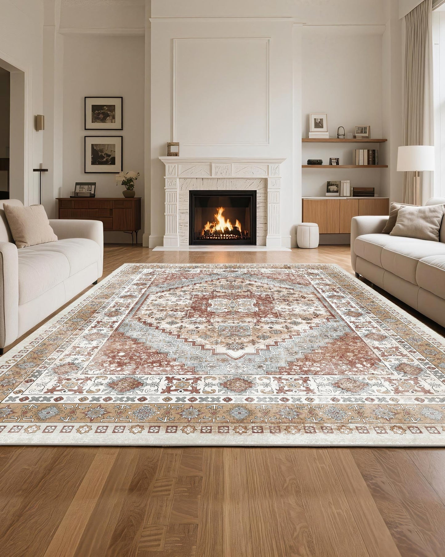 Area Rug, 8 X 10 Ft Large Washable Rug, Non-Slip And Tear-Resistant Soft Carpet, Pet Friendly Vintage Area Rugs, Indoor Mat For Bedroom, Living Room, Office, Brown Red