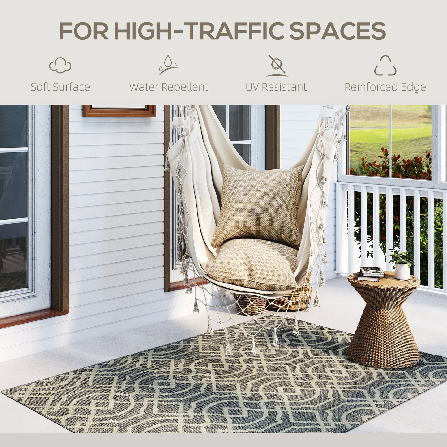 UV Resistant Indoor & Outdoor Area Rug, Easy-Cleaning Machine Washable Rug With Geometric Pattern For Patio, Garden, Kitchen, Bathroom Or Living Room, 170 X 120 Cm, Grey